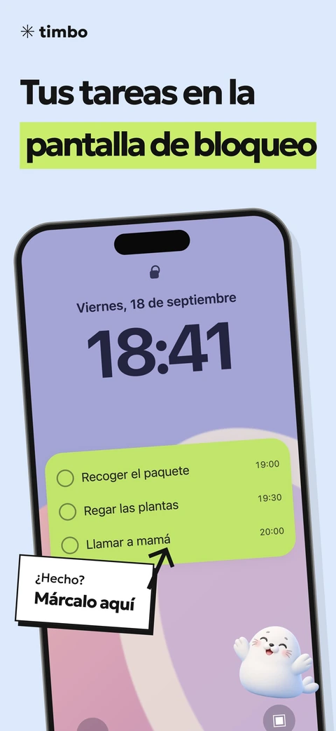 Timbo pantalla promocional que muestra las tareas y su finalización en la pantalla de bloqueo