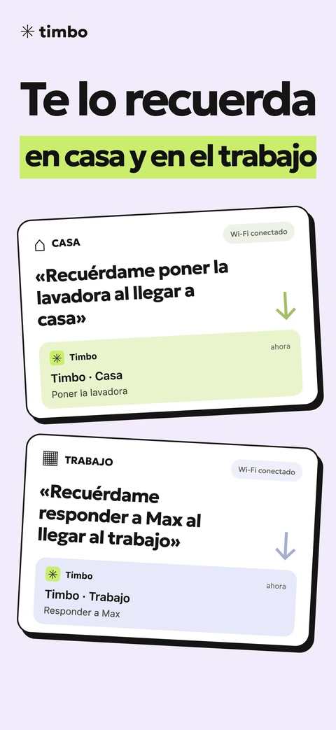 Timbo pantalla promocional que muestra recordatorios en casa y en el trabajo
