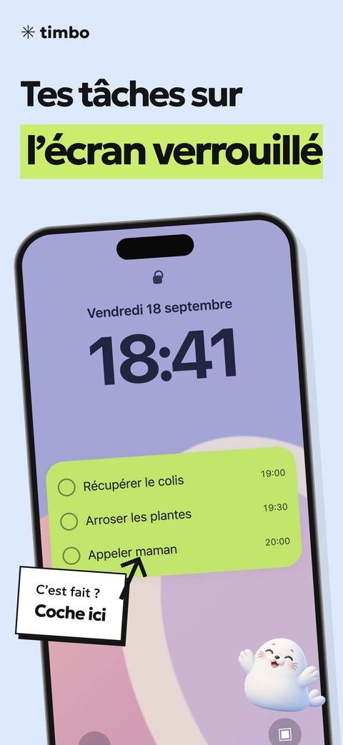 Timbo Écran promotionnel affichant les tâches et leur achèvement sur l'écran de verrouillage