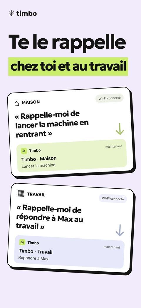 Timbo Écran promotionnel affichant des rappels à la maison et au travail