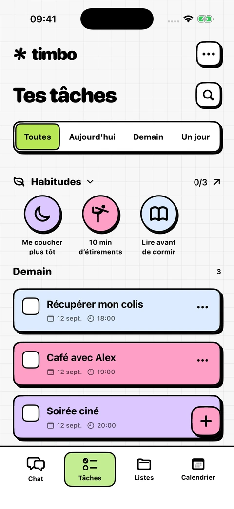 Timbo écran des tâches avec les plans et les habitudes de demain