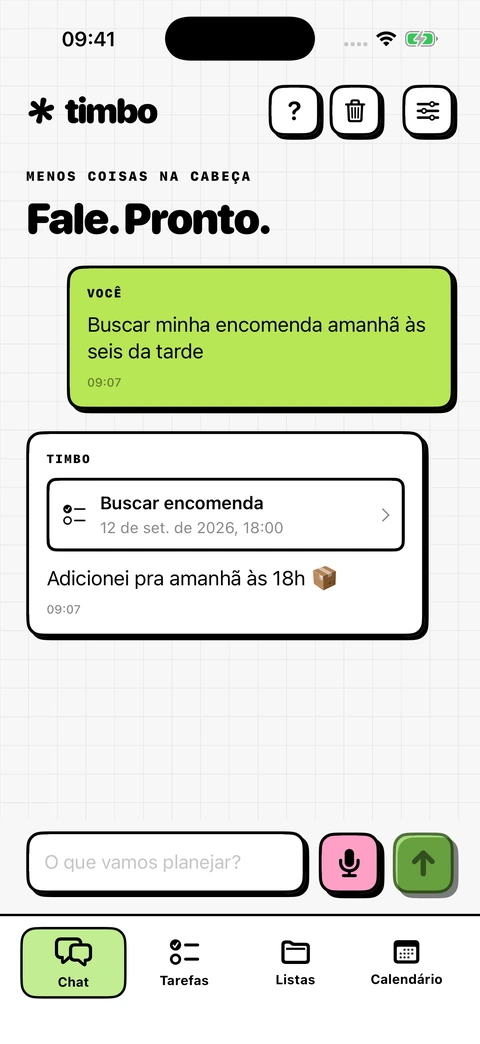 Timbo chat transforma uma solicitação para retirar um pacote em um lembrete