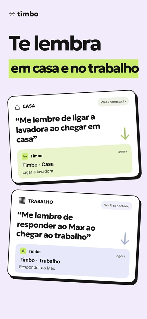 Timbo tela promocional mostrando lembretes em casa e no trabalho