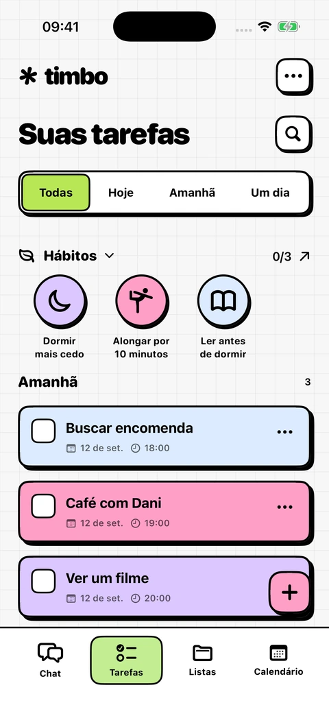 Timbo tela de tarefas com planos e hábitos de amanhã